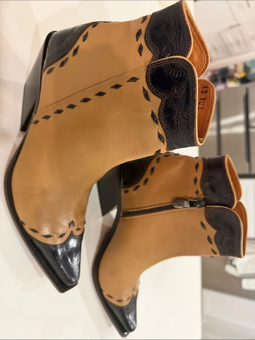 Donald J. Pliner Two-Tone Tan and Black Pointed Ankle Booties